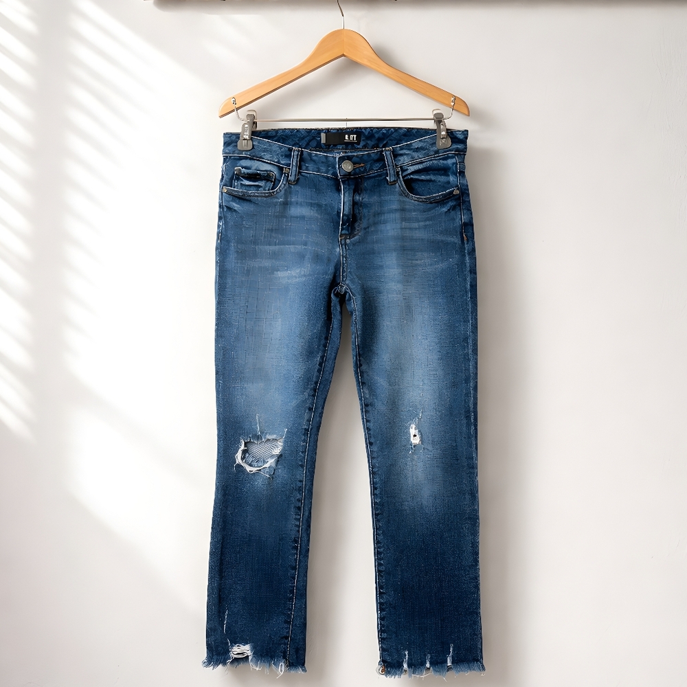 Kut from the Kloth Womens Blue Straight Leg Distressed Jeans With Raw Hem Size 4